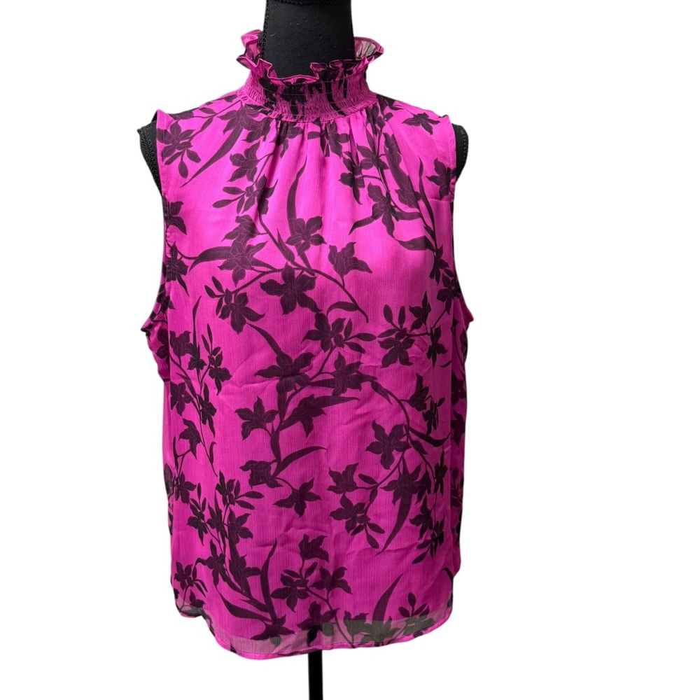 Vince Camuto Pink Floral Mock Neck Sleeveless Blouse Elegant Career Top L - Picture 1 of 10
